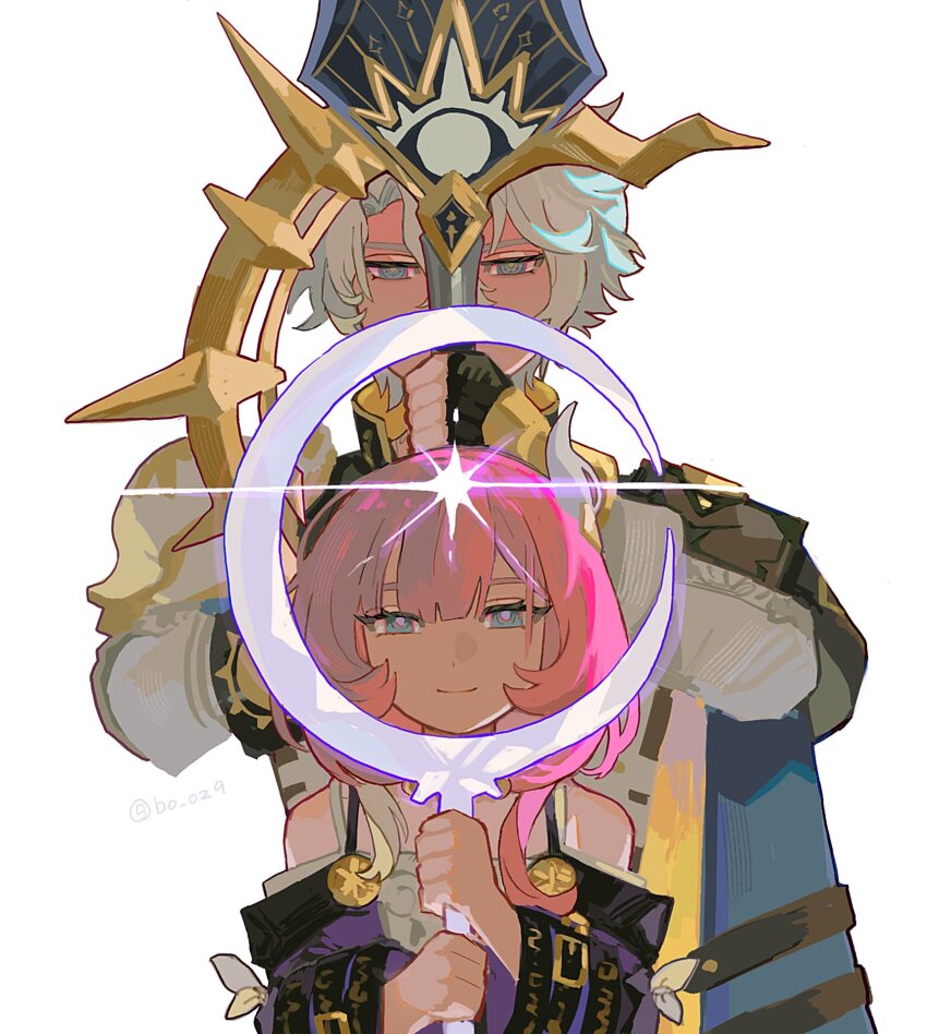 1boy 1girl armor black_gloves blue_eyes coat cyrene_(honkai:_star_rail) dress fingerless_gloves gloves hair_ornament highres holding holding_staff holding_sword holding_weapon honkai:_star_rail honkai_(series) medium_hair multicolored_hair pauldrons phainon_(honkai:_star_rail) pink_hair purple_coat shima_(vivi_do) short_hair shoulder_armor simple_background single_pauldron smile staff sword two-tone_hair weapon white_background white_coat white_dress white_hair