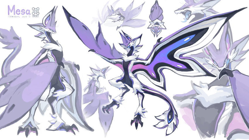 absurdres animal_ears bat_ears black_skin blue_eyes blue_tongue body_markings character_name chibi chibi_inset colored_skin colored_tongue dragon full_body gradient_wings highres monster monster_focus multicolored_wings multiple_views neck_fur no_humans original purple_skin purple_wings shiiorina simple_background slit_pupils talons white_background white_fur white_wings wings wyvern