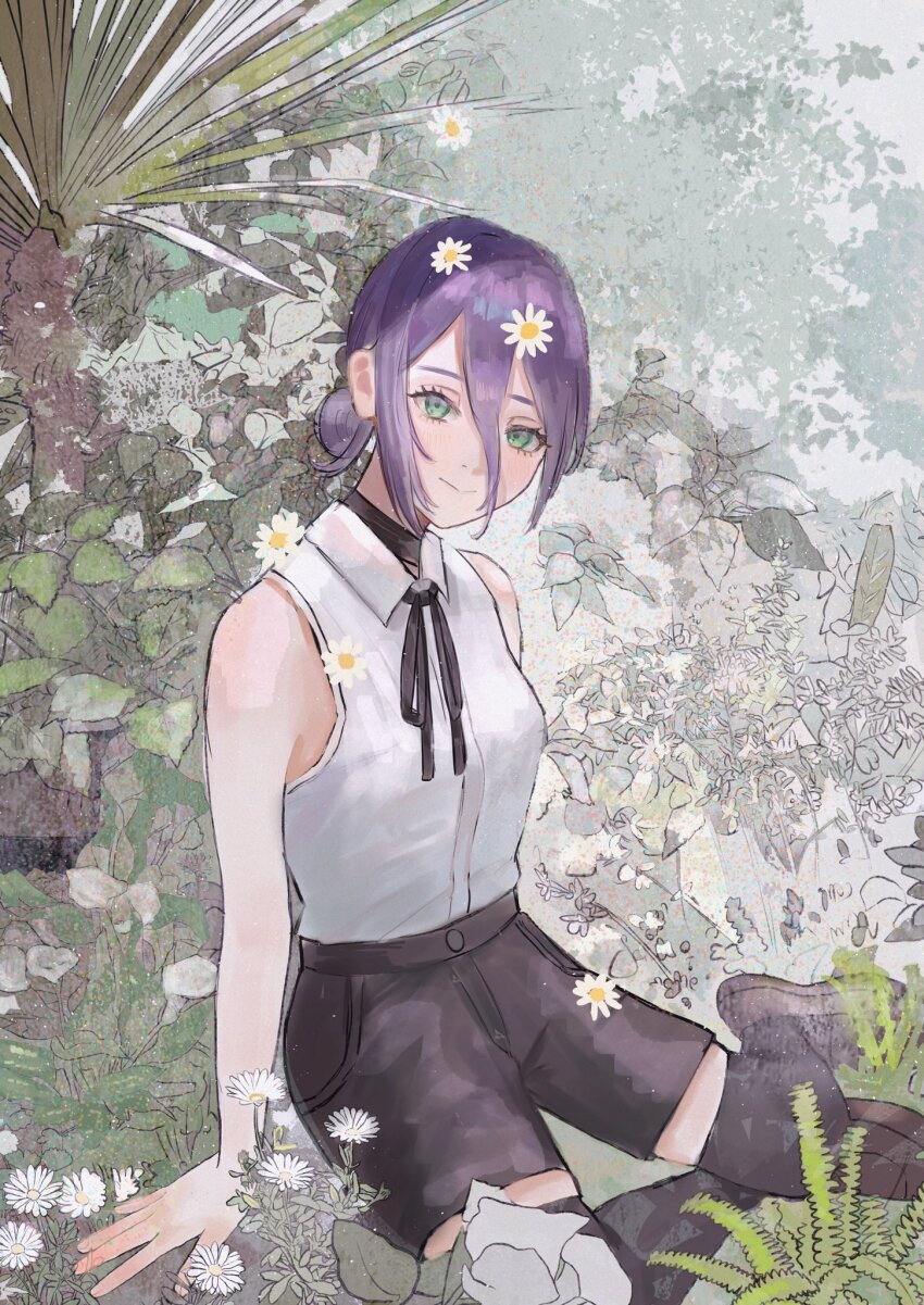 black_choker black_ribbon black_thighhighs chainsaw_man choker flower flower_on_chest flower_on_head flower_on_leg flower_on_shoulder green_eyes hair_between_eyes hair_bun highres long_hair_between_eyes looking_at_viewer nature neck_ribbon on_ground pantyhose plant purple_hair purupurualiens reze_(chainsaw_man) ribbon scenery shirt shirt_tucked_in single_hair_bun sleeveless sleeveless_shirt thighhighs