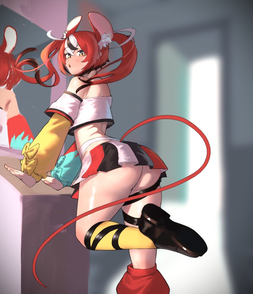 absurdres animal_ears ass black_hair detached_sleeves hakos_baelz highres hikamio hololive hololive_english hololive_english_-council- hololive_english_-promise- huge_ass looking_at_viewer looking_back miniskirt mirror mismatched_socks mouse_ears mouse_girl mouse_tail red_hair red_socks shoe_soles shoes skirt socks solo tagme tail thick_thighs thighs twintails virtual_youtuber white_hair yellow_socks