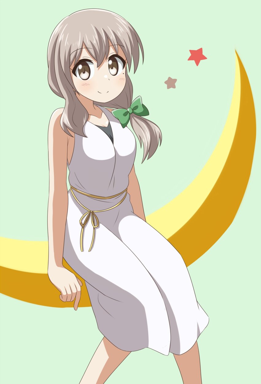 1girl absurdres bare_arms bare_shoulders bow breasts closed_mouth dot_nose feet_out_of_frame female_focus grey_eyes grey_hair hair_bow highres koisuru_asteroid long_hair medium_breasts mole mole_under_eye moon morino_mari nanog_eb1994 simple_background sitting smile solo star_(sky)