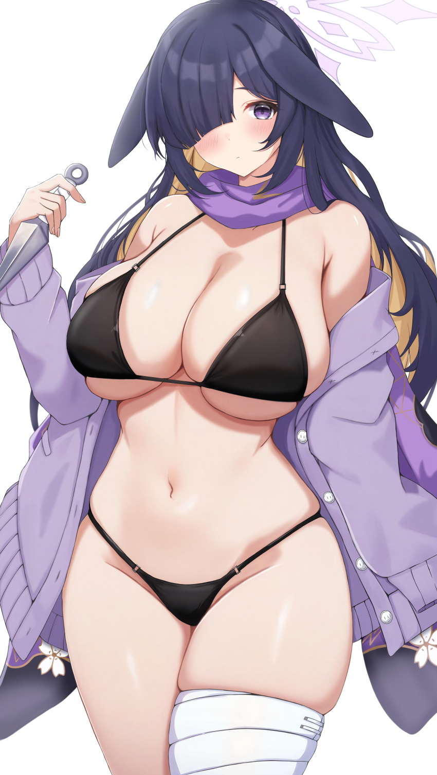 1girl absurdres animal_ears bandaged_leg bandages bare_shoulders bikini black_bikini blonde_hair blue_archive blush breasts cowboy_shot groin hair_over_one_eye halo highres imoyama_01 kunai large_breasts long_hair long_sleeves looking_at_viewer lop_rabbit_ears multicolored_hair navel ninja off_shoulder open_clothes purple_eyes purple_hair purple_scarf rabbit_ears rabbit_girl scarf school_uniform solo standing stomach string_bikini swimsuit thick_thighs thighs tsukuyo_(blue_archive) weapon white_background