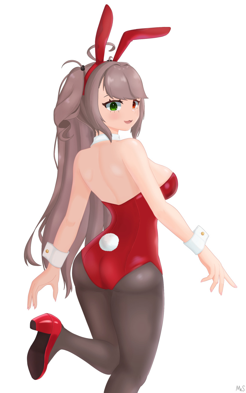1girl absurdres animal_ears ass brown_hair fake_animal_ears girls&#039;_frontline green_eyes heterochromia high_heels highres leg_up leotard looking_at_viewer mr.something open_mouth pantyhose playboy_bunny rabbit_tail red_eyes red_leotard solo ssg3000_(girls&#039;_frontline) tail wrist_cuffs