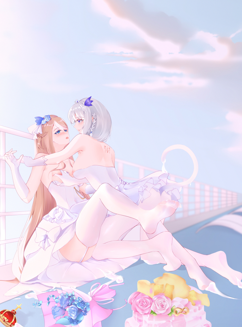 2girls absurdres back bare_shoulders blonde_hair blue_eyes blue_sky blush bouquet braid breasts dress elbow_gloves flower garter_straps gloves hair_flower hair_ornament highres impero_(warship_girls_r) long_hair looking_at_another medium_breasts multiple_girls nipples no_shoes on_floor open_mouth pantyhose purple_eyes qiye_jiexian sideboob sky sovetsky_soyuz_(warship_girls_r) thighhighs warship_girls_r wedding_dress white_dress white_gloves white_hair white_legwear