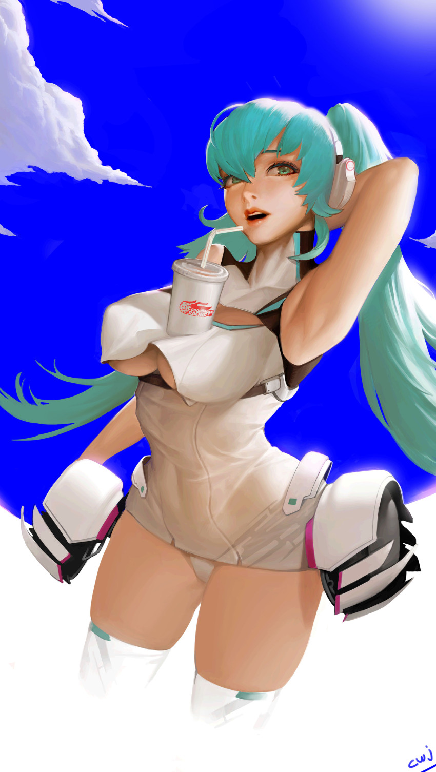 1girl absurdres aqua_eyes aqua_hair arm_behind_head armpits blue_sky bodysuit breasts bust_cup colored_eyelashes commentary covered_collarbone covered_navel cowboy_shot english_commentary hair_between_eyes hatsune_miku highres large_breasts lips long_hair looking_back mixed-language_commentary multilingual_commentary open_mouth panties racing_miku racing_miku_(2014) signature skindentation sky solo sun teeth thick_thighs thighhighs thighs tight_clothes tomatoketchup96 twintails underboob underwear upper_teeth_only very_long_hair vocaloid white_bodysuit white_panties white_thighhighs