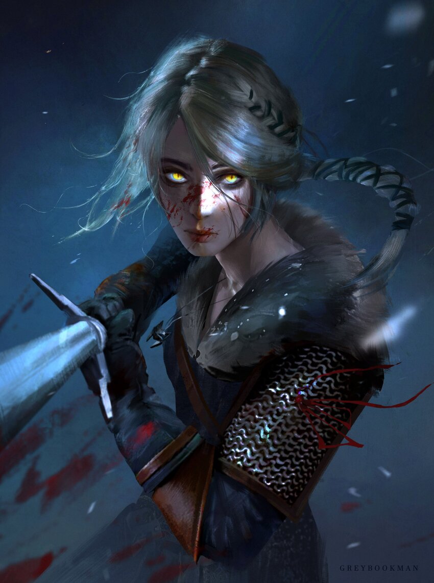 1girl absurdres armor artist_name black_gloves blood blood_on_face blood_splatter braid braided_ponytail ciri facial_scar gloves greybookman highres holding holding_sword holding_weapon long_hair looking_at_viewer pov_stabbing scar scar_on_cheek scar_on_face solo sword the_witcher_(series) the_witcher_4 weapon white_hair yellow_eyes