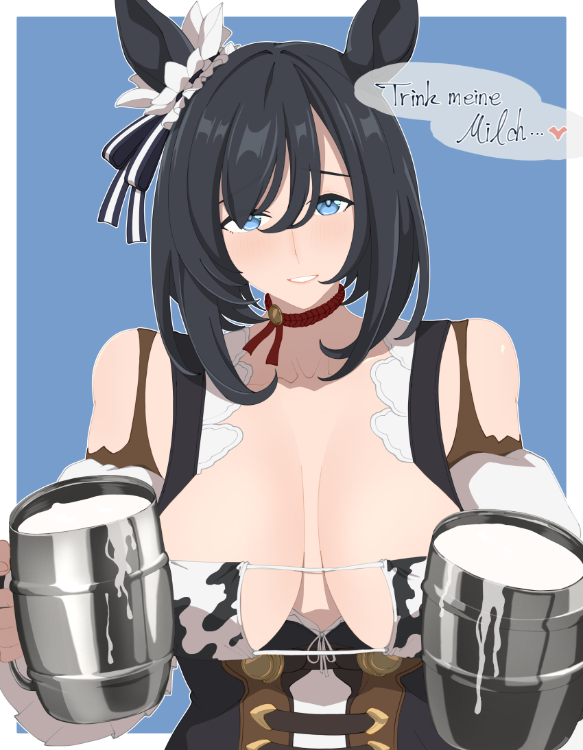 1girl absurdres animal_ears animal_print bare_shoulders bikini black_hair blue_background blue_eyes blue_hair border breasts breasts_apart choker cow_print cow_print_bikini cup dirndl drink ear_scrunchie eishin_flash_(meisterschaft)_(umamusume) eishin_flash_(umamusume) eyebrows_hidden_by_hair eyepatch_bikini german_clothes german_text hair_between_eyes heart highres holding holding_cup horse_ears kumabachi315 large_breasts light_blush light_smile looking_at_viewer medium_hair milk mug outside_border parted_lips print_bikini raised_inner_eyebrows red_choker scrunchie simple_background solo straight-on swimsuit umamusume upper_body white_border