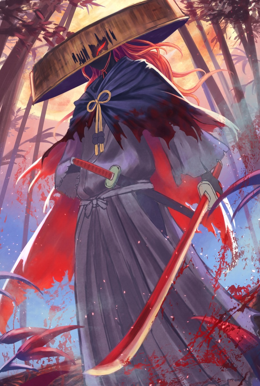 1boy absurdres black_gloves black_kimono fate/grand_order fate_(series) floating_hair forest from_below gloves gore_(white_gore) hat highres holding holding_sword holding_weapon japanese_clothes katana kimono koha-ace long_hair looking_at_viewer male_focus moon nature okada_izou_(fate) okada_izou_(second_ascension)_(fate) red_eyes red_hair sandogasa sheath sheathed solo standing sun_hat sword weapon