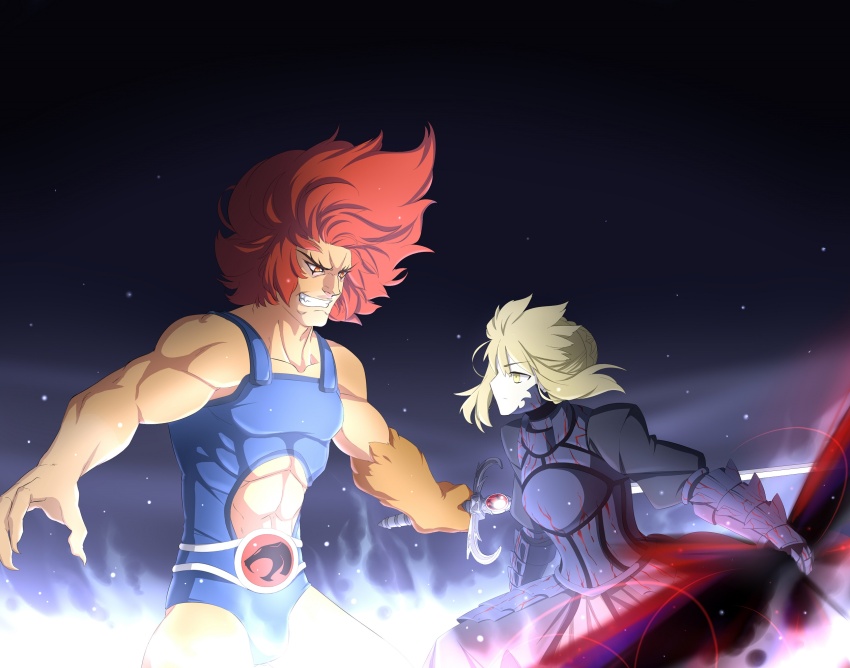 1boy 1girl armor armored_dress artoria_pendragon_(fate) battle black_armor black_dress blonde_hair braid crossover dark_persona dress excalibur_morgan_(fate) eye_of_thundera fate/hollow_ataraxia fate/stay_night fate/unlimited_codes fate_(series) fighting french_braid gauntlet_of_omens gauntlets grin hair_bun hair_ribbon heaven&#039;s_feel highres holding holding_sword holding_weapon leeloo_dallas lion-o red_hair ribbon saber_alter saber_alter_(second_ascension) short_hair single_hair_bun smile sword sword_of_omens thundercats weapon yellow_eyes
