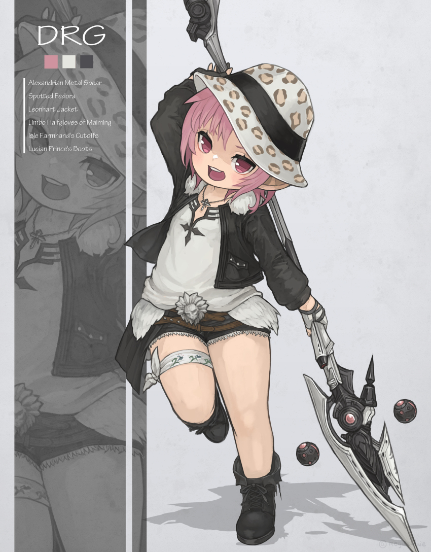 1girl animal_print arm_behind_head black_footwear black_jacket bucket_hat cross cross-laced_footwear cross_necklace cutoffs denim denim_shorts dragoon_(final_fantasy) english_text fedora final_fantasy final_fantasy_xiv flat_chest full_body hat head_tilt highres jacket jewelry lalafell leopard_print light_blush multiple_views necklace open_mouth pink_eyes pink_hair pointy_ears polearm puluie short_shorts shorts simple_background standing standing_on_one_leg teeth thigh_strap upper_teeth_only warrior_of_light_(ff14) weapon white_shorts