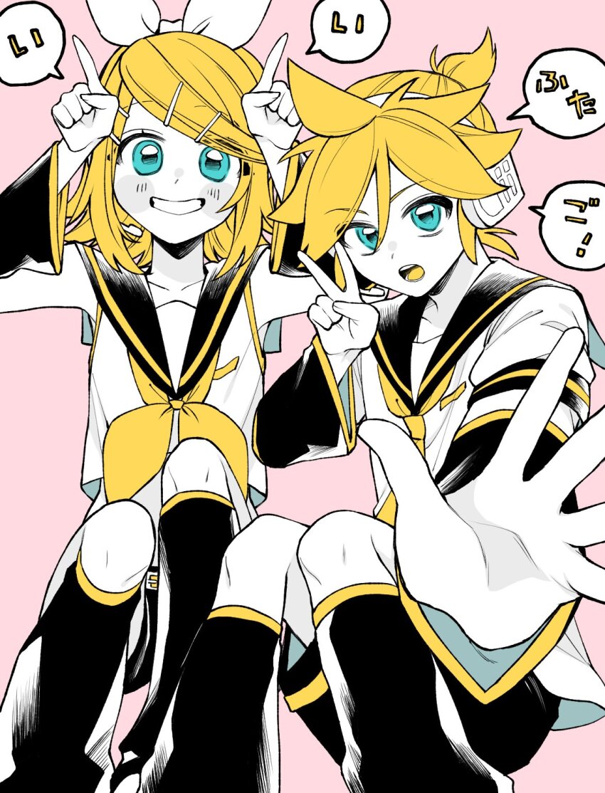 1boy 1girl aqua_eyes bare_shoulders black_sailor_collar black_shorts black_sleeves blonde_hair blush_stickers bow breasts brother_and_sister colored_tongue commentary_request crop_top detached_sleeves grin hair_bow hair_ornament hairclip headphones headset highres horns_pose igarashi_(morimorienoki) index_fingers_raised kagamine_len kagamine_rin knee_to_chest leg_warmers limited_palette looking_at_viewer medium_hair neckerchief necktie open_mouth outstretched_hand pink_background sailor_collar shirt short_hair short_sleeves shorts siblings sitting skinny sleeveless sleeveless_shirt small_breasts smile swept_bangs twins v vocaloid white_bow wide_sleeves yellow_neckerchief yellow_necktie yellow_tongue