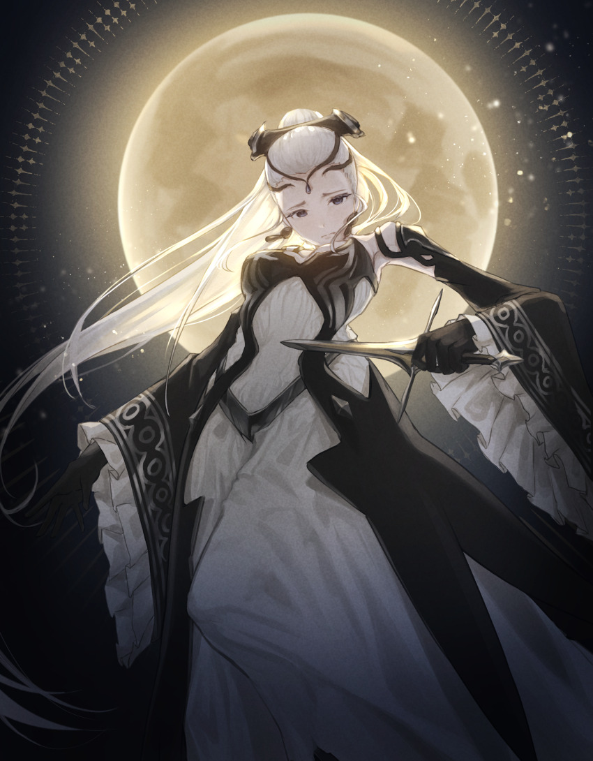 1girl absurdres black_tiara blue_eyes choker earrings eir_(fire_emblem) fire_emblem fire_emblem_heroes frilled_sleeves frills full_moon grey_hair highres jewelry mirucchii moon nintendo ponytail solo tiara