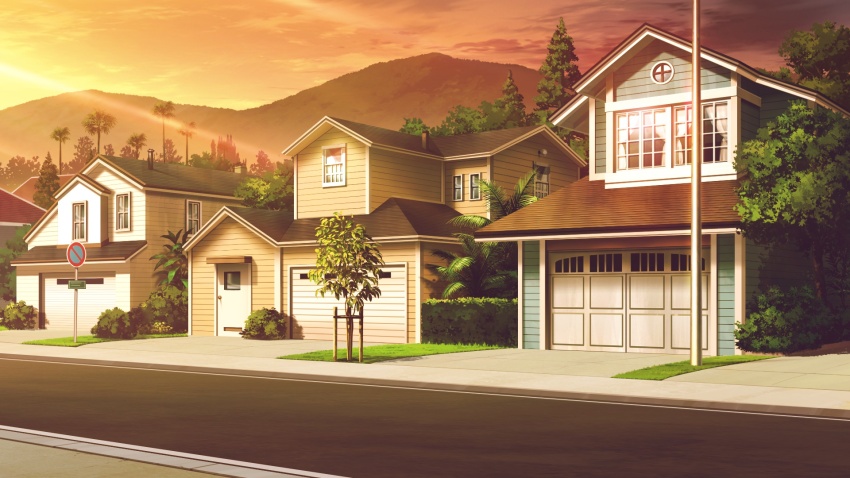 bush cloud cloudy_sky curtains fern forest garage glowing highres lawn lens_flare mountainous_horizon nature no_humans non-web_source official_art our_life our_life:_beginnings_and_always outdoors road road_sign scenery sidewalk sign sky suburb sunset tree variant_set window