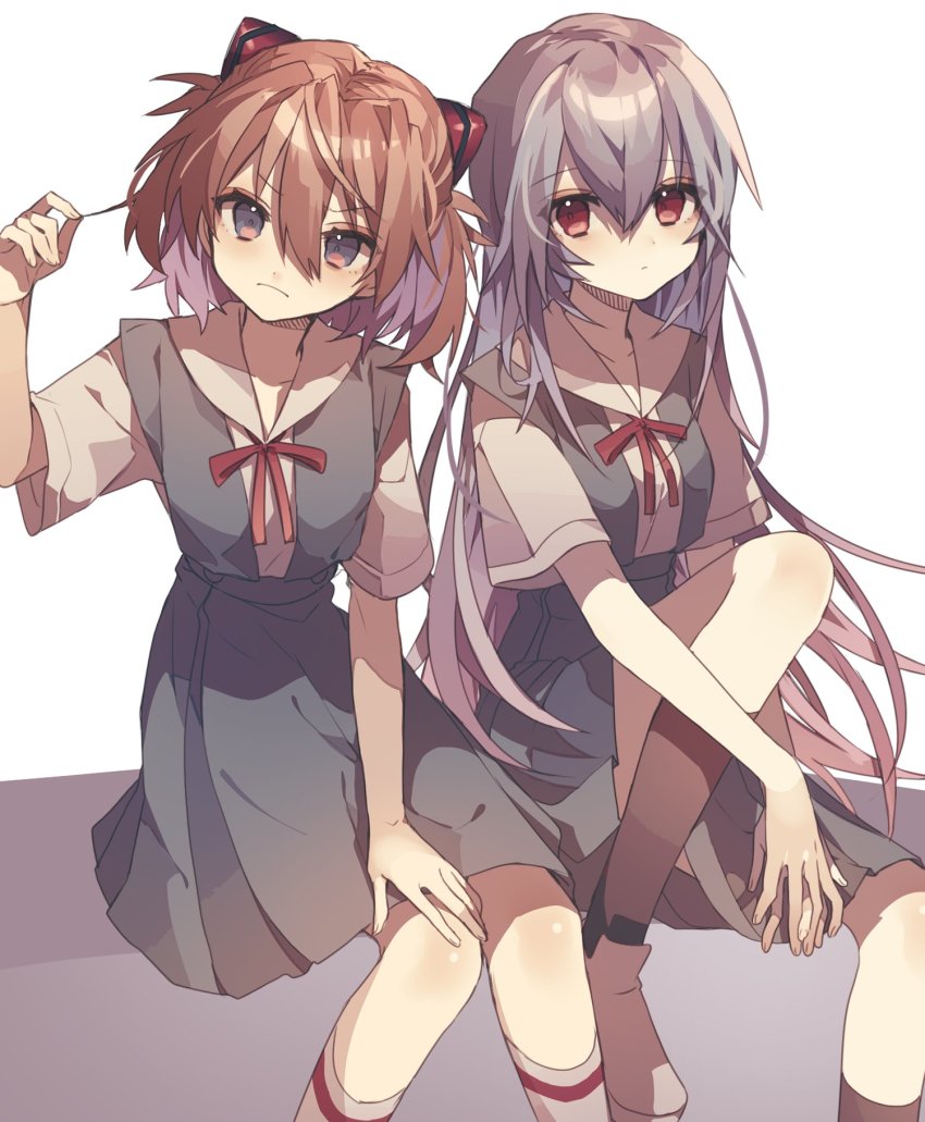 2girls alternate_hair_length alternate_hairstyle ayanami_rei black_legwear blue_eyes blue_hair bow closed_mouth commentary dot_nose evangelion:_3.0+1.0_thrice_upon_a_time eyes_visible_through_hair feet_out_of_frame frown green_skirt hair_between_eyes hairstyle_switch hand_on_own_knee highres interface_headset_(evangelion) knee_up long_hair looking_at_viewer multiple_girls neck_ribbon neon_genesis_evangelion orange_hair own_hands_together rebuild_of_evangelion red_bow red_eyes red_ribbon ribbon school_uniform shirasunuko shirt short_hair short_sleeves sitting skirt socks souryuu_asuka_langley suspender_skirt suspenders tokyo-3_middle_school_uniform two_side_up white_footwear white_legwear white_shirt