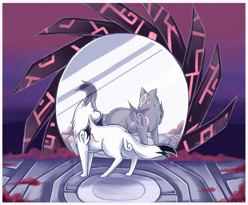 black_eyes chibiterasu dark_chibiterasu dark_persona different_reflection facial_mark highres md5_mismatch midna01 mirror no_humans ookami_(game) ookamiden reflection resized resolution_mismatch signature source_smaller spoilers upscaled white_eyes wolf