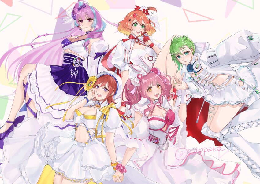 5girls absurdres blue_eyes blue_hair bow breasts brown_eyes cleavage dress freyja_wion green_eyes green_hair hair_behind_ear hair_ornament headphones heart heart_hair_ornament highres idol idol_clothes jewelry kabu_(kaopako_) kaname_buccaneer large_breasts long_hair looking_at_viewer macross macross_delta macross_delta:_zettai_live!!!!!! makina_nakajima mikumo_guynemer multicolored_hair multiple_girls open_mouth orange_hair pink_hair pointy_ears purple_eyes purple_hair red_eyes red_hair reina_prowler short_hair skirt smile streaked_hair twintails two-tone_hair very_long_hair walkure_(macross_delta)