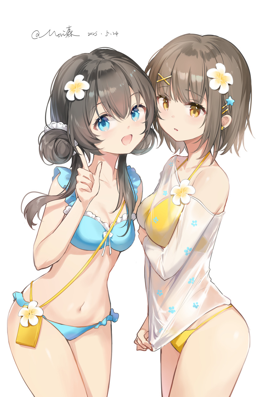2girls absurdres bag bikini black_hair blue_bikini blue_eyes breasts brown_hair commentary cowboy_shot dated double_bun flower hair_bun hair_flower hair_ornament handbag highres index_finger_raised medium_breasts morimori_(14292311) multiple_girls original see-through_clothes see-through_shirt shirt short_hair simple_background swimsuit twitter_username white_background white_shirt yellow_bikini yellow_eyes