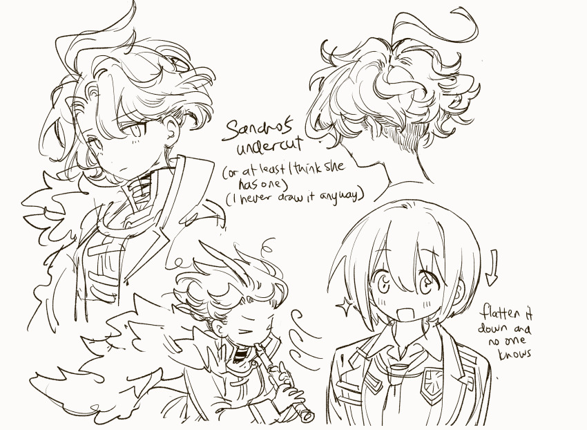 1girl ahoge blush closed_mouth coat collared_shirt don_quixote_(project_moon) greyscale highres kampuzu kyoufuu_all_back_(vocaloid) lapels limbus_company looking_at_viewer monochrome multiple_views notched_lapels open_mouth project_moon sancho_(project_moon) shirt short_hair simple_background smile undercut wavy_hair