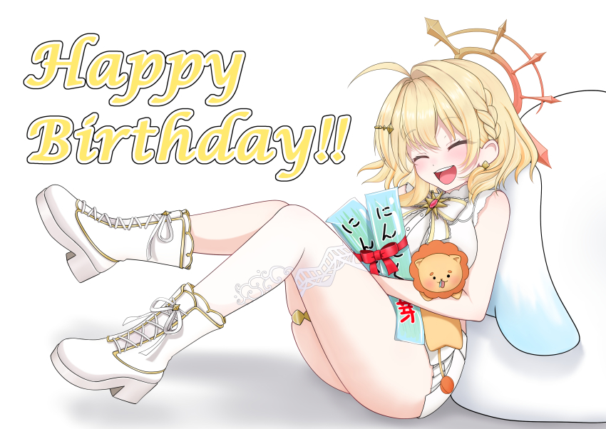 1girl absurdres ahoge blonde_hair blush boots bow bowtie breasts commentary_request cuore_0624 full_body hair_intakes halo happy_birthday highres hinata_mashu hinata_mashu_(2nd_costume) large_breasts medium_hair nanashi_inc. open_mouth orange_halo shirt shorts sleeveless sleeveless_shirt smile solo stuffed_animal stuffed_lion stuffed_toy teeth upper_teeth_only virtual_youtuber white_background white_boots white_bow white_bowtie white_shirt white_shorts