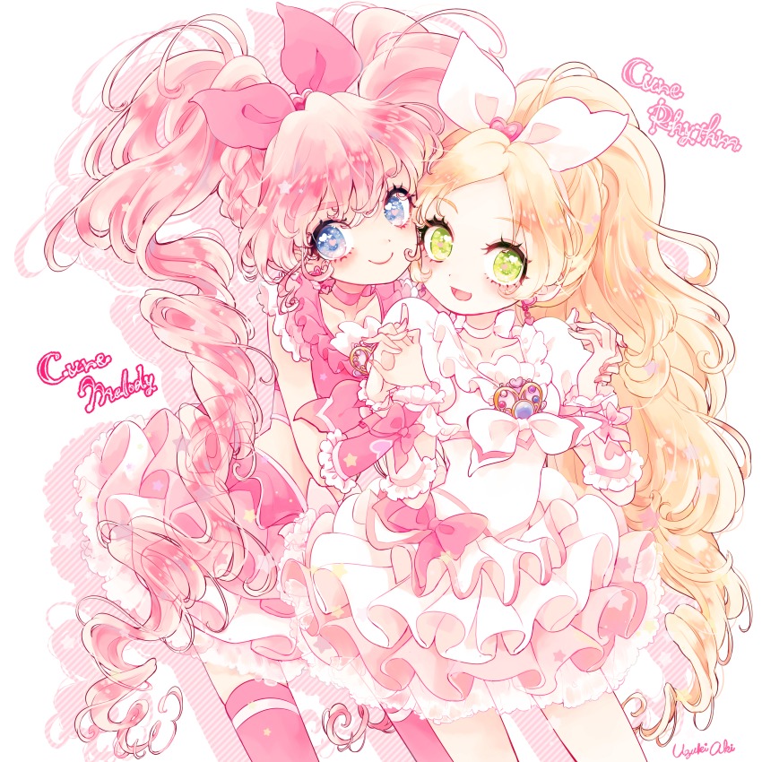2girls :d absurdres blonde_hair blue_eyes bow brooch character_name choker collarbone cowboy_shot cure_melody cure_rhythm frilled_skirt frills green_eyes hair_bow holding_hands heart heart_in_eye highres houjou_hibiki jewelry long_hair looking_at_viewer minamino_kanade multiple_girls open_mouth pink_bow pink_hair pink_legwear pink_neckwear pink_skirt precure signature simple_background skirt smile suite_precure symbol_in_eye thighhighs twintails uzuki_aki white_background white_bow white_neckwear white_skirt