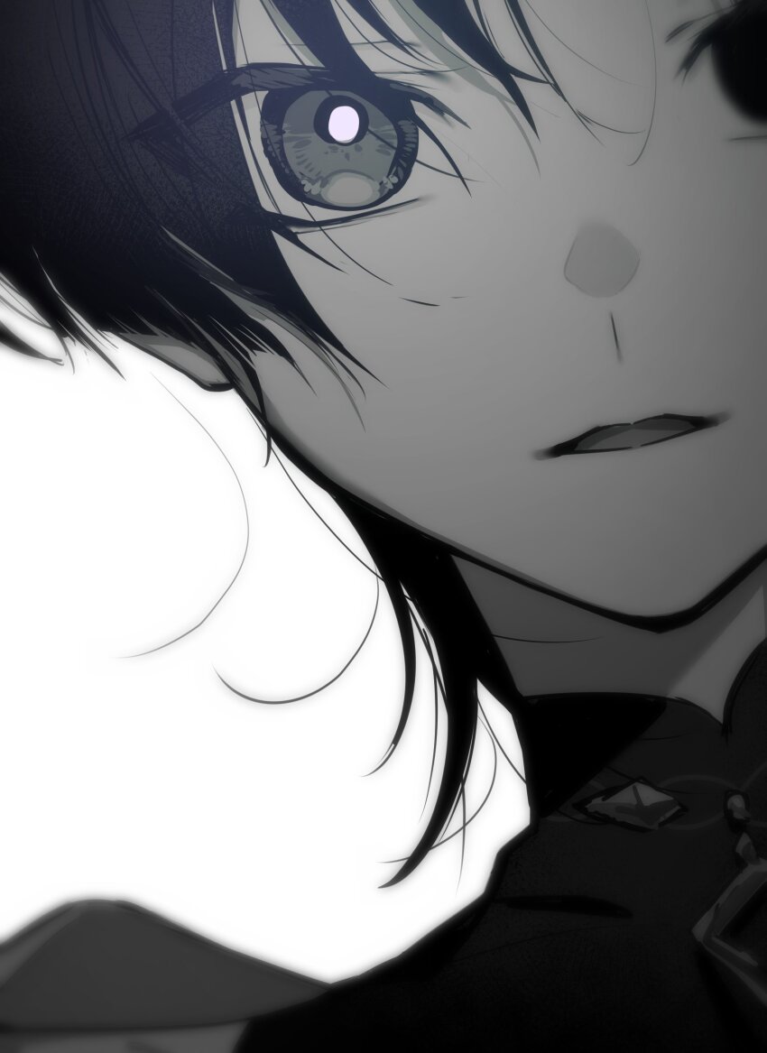 1boy absurdres black_bodysuit black_hair blunt_ends bodysuit bright_pupils buku2_suisou facing_viewer genshin_impact grey_eyes highres looking_at_viewer loose_hair_strand mandarin_collar parted_lips scaramouche_(genshin_impact) shoulder_peek solo wanderer_(genshin_impact) white_background white_pupils
