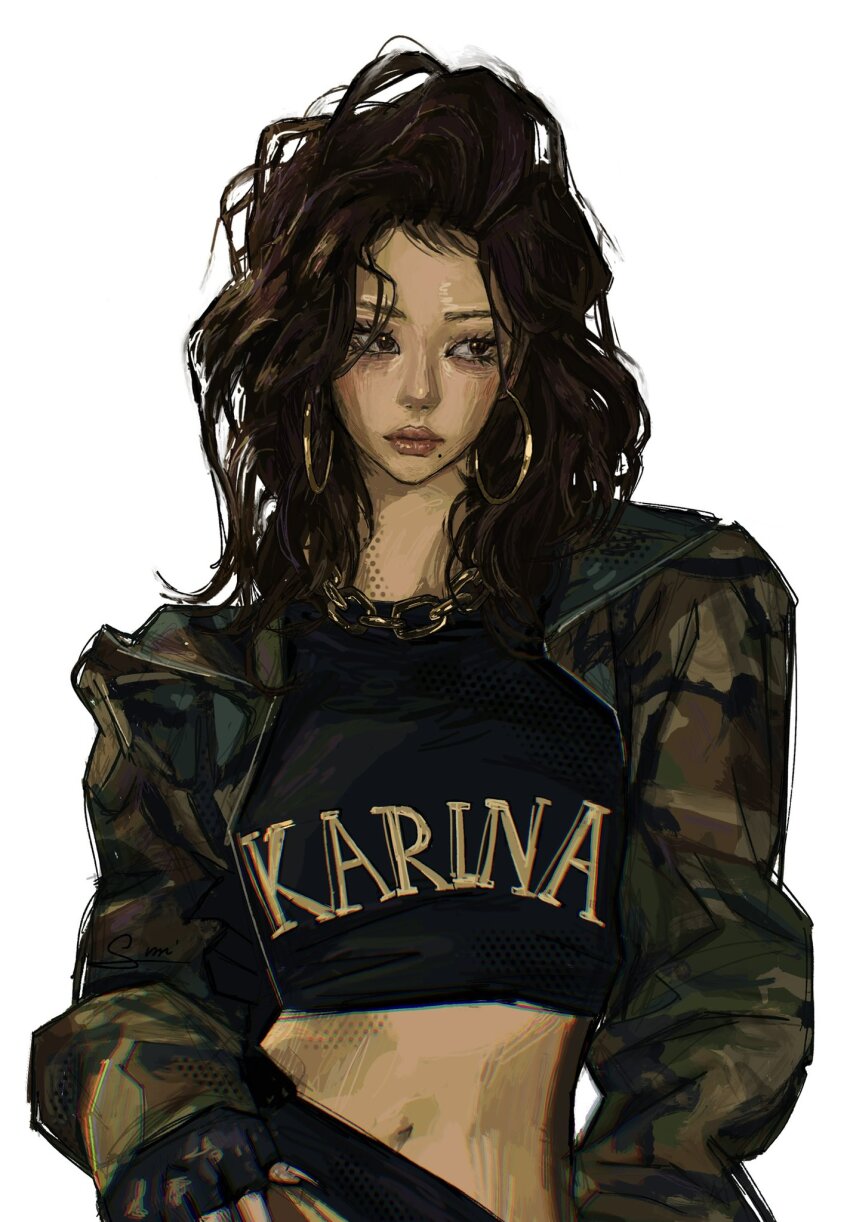 1girl aespa brown_hair closed_mouth collar_chain_(jewelry) commentary crop_top cropped_jacket earrings english_commentary fingerless_gloves gloves highres hoop_earrings jacket jewelry k-pop karina_(aespa) looking_to_the_side medium_hair navel real_life simple_background solo sum_iiart upper_body white_background
