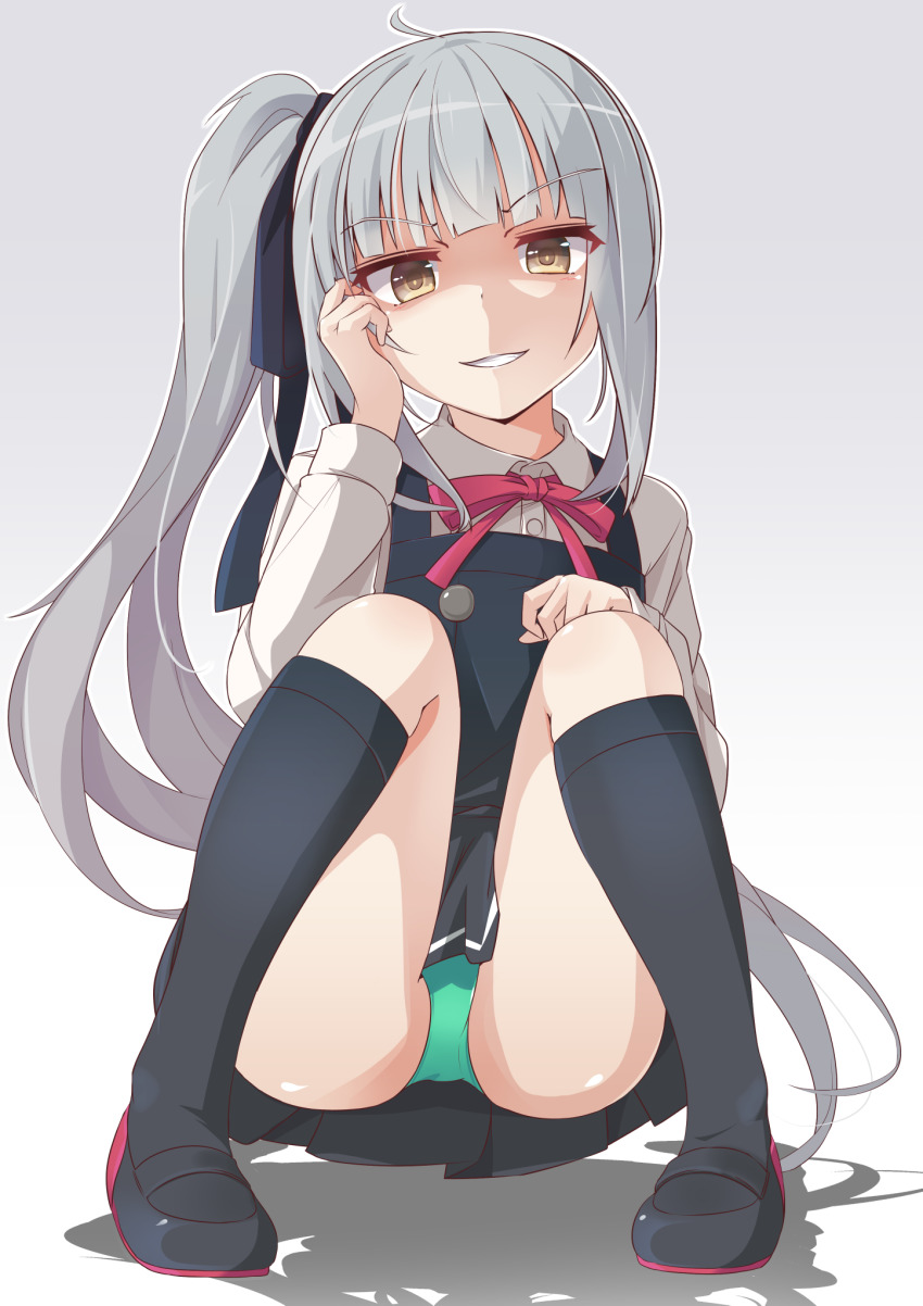 1girl black_dress black_ribbon black_shoes black_socks collared_shirt dress evil_grin evil_smile green_panties grey_background grey_hair grin hair_ribbon highres kantai_collection kasumi_(kancolle) kasumi_kai_ni_(kancolle) kneehighs long_hair long_sleeves panties pinafore_dress ribbon shaded_face shirt shoes side_ponytail simple_background sleeveless sleeveless_dress smile socks solo underwear utouto white_background white_shirt yellow_eyes