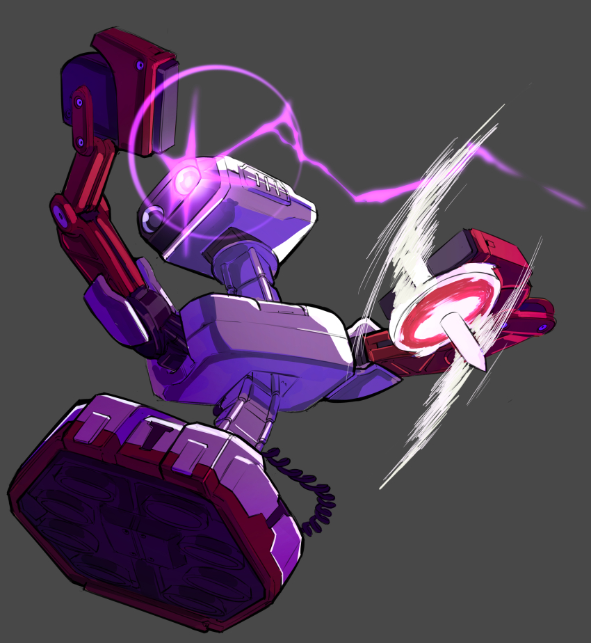 absurdres airborne cable commentary commission english_commentary eye_trail family_computer_robot glowing glowing_eye grey_background highres light_trail motion_blur nintendo no_humans non-humanoid_robot pillar_buster robot science_fiction simple_background spinning super_smash_bros.