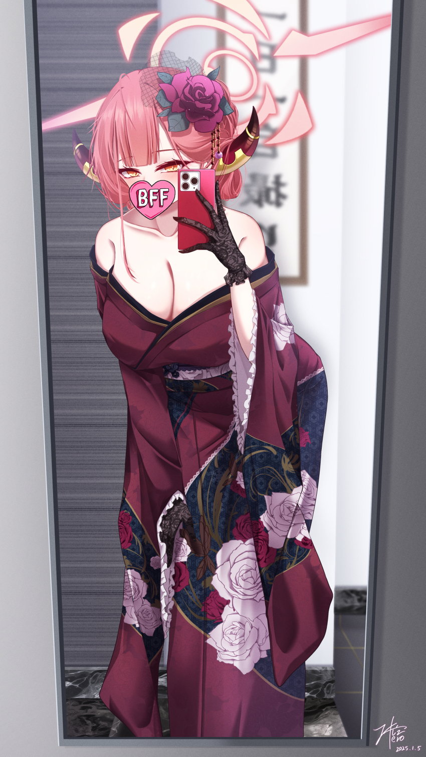 1girl absurdres aru_(blue_archive) aru_(new_year)_(blue_archive) blue_archive breasts cellphone cleavage demon_girl demon_horns floral_print floral_print_kimono flower hair_between_eyes hair_bun hair_flower hair_ornament highres holding holding_phone horns japanese_clothes kimono mirror_selfie obi official_alternate_costume official_alternate_hairstyle phone print_kimono purple_flower red_hair red_kimono red_sash sash sidelocks single_bare_shoulder smartphone yellow_eyes z_shitei_ero