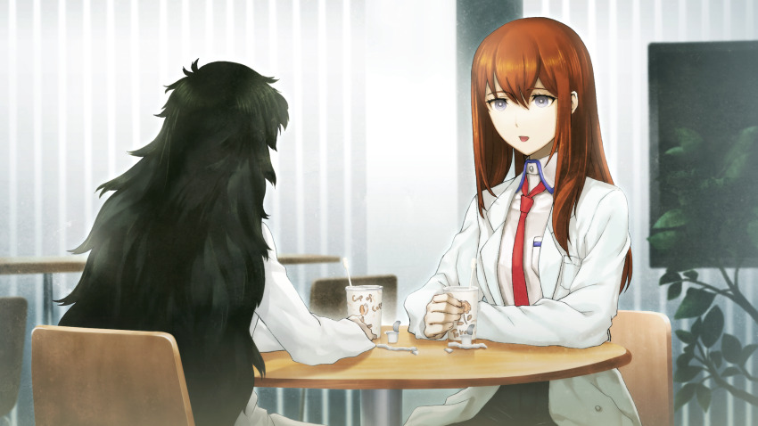 2015 2girls black_pantyhose black_shorts breast_pocket breasts brown_hair brown_jacket cafeteria collared_shirt cup eating game_cg green_hair hair_between_eyes hair_over_shoulder highres hiyajou_maho holding holding_cup huke indoors jacket lab_coat lapels long_hair looking_at_another loose_necktie makise_kurisu messy_hair multiple_girls necktie non-web_source notched_lapels official_art open_mouth pantyhose plant pocket potted_plant purple_eyes purple_trim red_necktie ringed_eyes round_table shirt shorts sitting small_breasts steins;gate steins;gate_0 table tongue very_long_hair white_shirt