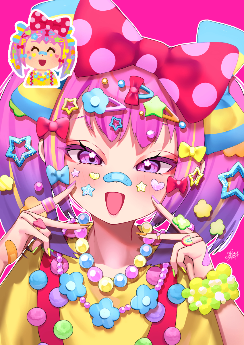 1girl :d absurdres bandaid bandaid_on_face bead_bracelet bead_necklace beads blush bow bracelet colorful commentary decora flower_symbol gradient_hair hair_bow hair_ornament highres irasutoya irasutoya_challenge jewelry looking_at_viewer multicolored_hair necklace open_mouth pink_hair purple_eyes purple_hair ring siranami_eight smile solo sticker_on_face too_many_hair_ornaments tsurime upper_body v