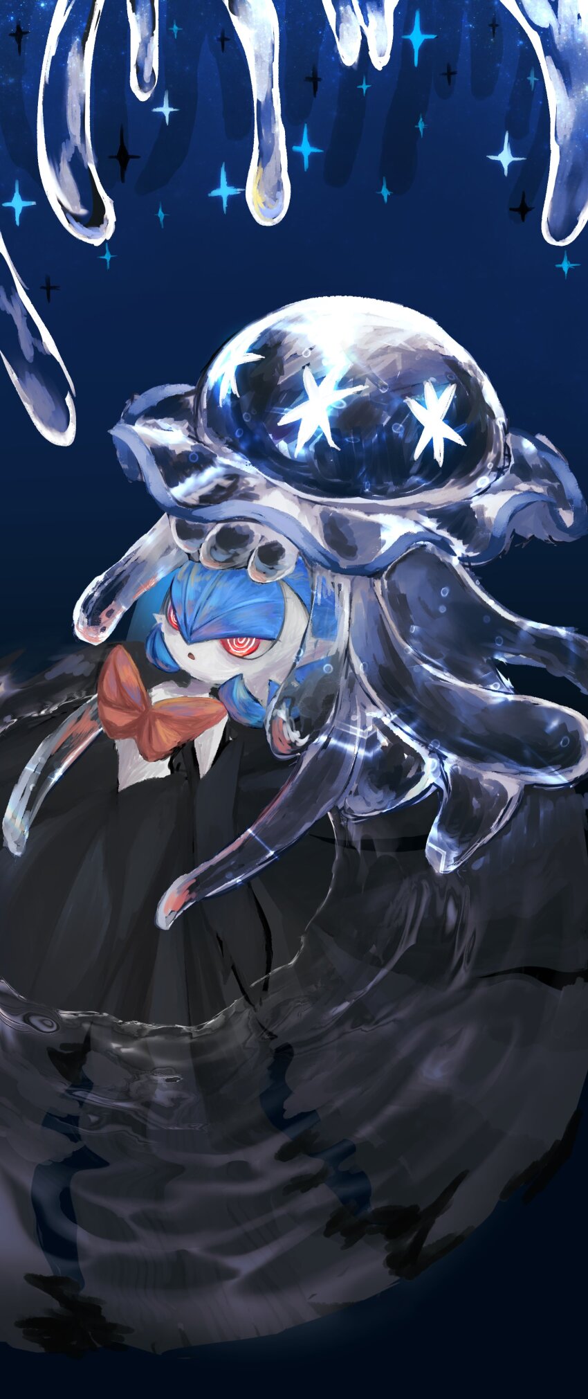 @_@ absurdres alternate_color black_dress black_gloves blue_hair bob_cut colored_skin dress elbow_gloves gardevoir gen_3_pokemon gen_7_pokemon gloves highres hiiragishiyu mega_gardevoir mega_pokemon nihilego nintendo pokemon pokemon_(creature) shiny_pokemon tentacles ultra_beast water white_skin