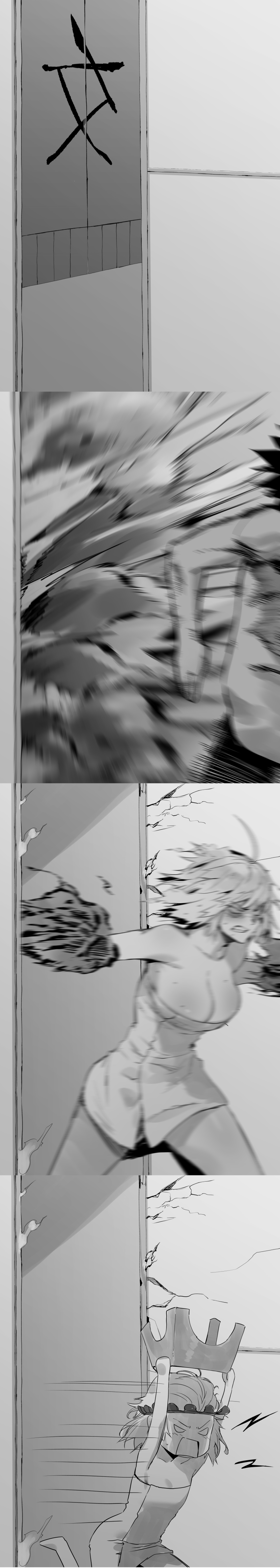 1boy 3girls absurdres alternate_universe angry black_fire blank_eyes bottle braid breasts cleavage crack cracked_wall explosion fate/grand_order fate_(series) fire fleeing fujimaru_ritsuka_(male) greyscale highres hxd jeanne_d&#039;arc_(fate) jeanne_d&#039;arc_alter_(avenger)_(fate) jeanne_d&#039;arc_alter_(fate) jeanne_d&#039;arc_alter_santa_lily_(fate) japanese_text large_breasts lightning_bolt_symbol long_image monochrome motion_lines multiple_girls naked_towel noren nude onsen running shampoo_hat smoke stool tall_image towel