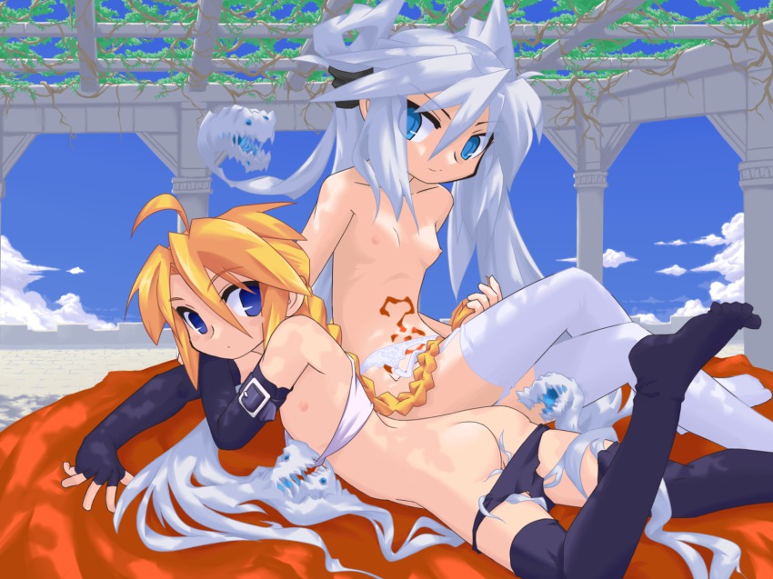 2girls ahoge bad_id bad_pixiv_id black_panties blonde_hair blue_eyes borrowed_character bow braid breasts elbow_gloves feet fingerless_gloves flat_chest garter_belt girl_with_a_blonde_braid_(tomoshibi_hidekazu) gloves hair_bow highres living_hair loli long_hair mof mof&#039;s_silver_haired_twintailed_girl multiple_girls nipples original panties panty_pull redrantem&#039;s_orange_haired_girl silver_hair single_braid small_breasts smile tattoo thighhighs twintails underwear