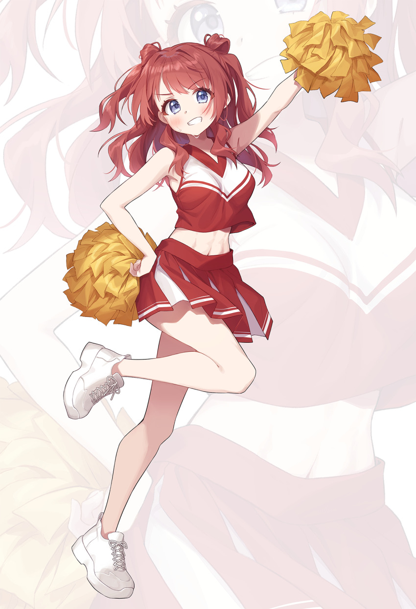 1girl arm_up bare_arms bare_shoulders blue_eyes breasts brown_hair cheerleader chobi_(penguin_paradise) commentary_request crop_top full_body gakuen_idolmaster grin hanami_saki highres idolmaster long_hair medium_breasts midriff navel pleated_skirt pom_pom_(cheerleading) red_skirt shoes skirt smile solo standing standing_on_one_leg two_side_up white_background white_shoes zoom_layer