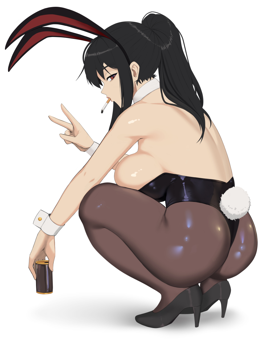 1girl absurdres animal_ear_hairband animal_ears ass black_hair black_leotard black_pantyhose black_shoes breasts can cigarette commentary_request detached_collar drink_can fake_animal_ears from_behind hairband high_heels highres large_breasts leotard long_hair looking_at_viewer looking_back mouth_hold original pantyhose playboy_bunny ponytail rabbit_ears rabbit_tail red_eyes shiny_clothes shoes simple_background smoking solo strapless strapless_leotard tail toniwing v white_background wrist_cuffs