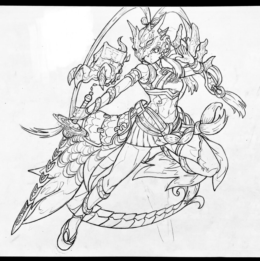 artist_name artist_request breasts dragon dragon_girl dragon_mask dragon_tail highres holding holding_sword holding_weapon mask mask_on_head mask_over_one_eye mouth_mask sandals sketch skirt sword swordsoul_(yu-gi-oh!) swordsoul_of_mo_ye tail thick_thighs thighhighs thighs weapon yu-gi-oh!