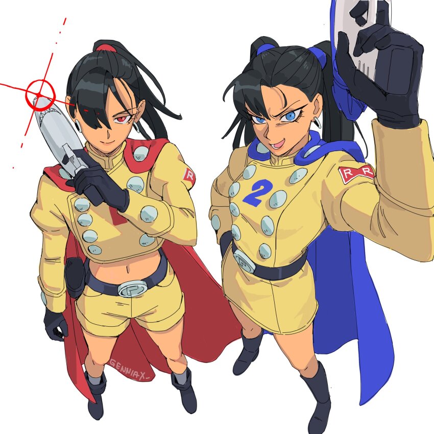2girls belt black_belt black_footwear black_gloves black_hair blue_cape blue_eyes boots cape commentary dragging dragon_ball dragon_ball_super dragon_ball_super_super_hero earrings energy_gun english_commentary from_above full_body gamma_1 gamma_2 genderswap genderswap_(mtf) genniax gleam gloves gun hair_over_one_eye highres holding holding_gun holding_weapon humanization jewelry looking_at_viewer midriff multiple_girls navel ponytail ray_gun red_cape red_eyes red_ribbon_army shorts signature skirt superhero_costume twintails weapon white_background