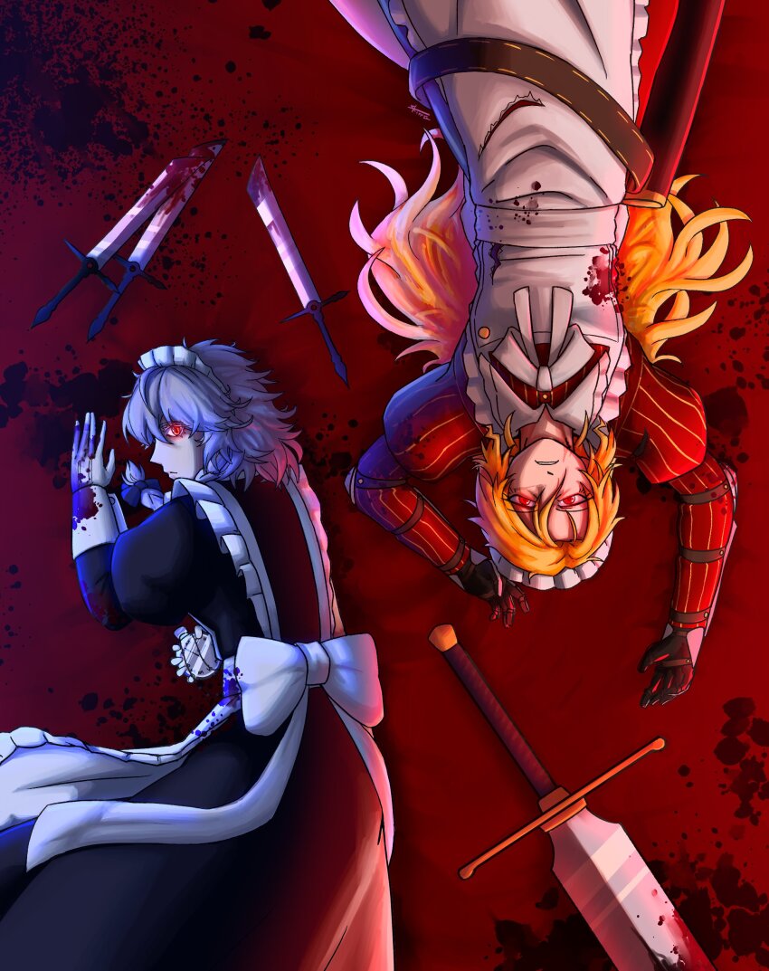 2girls absurdres adapted_costume apron armor back_bow black_dress blonde_hair blood blood_on_clothes blood_on_hands blood_splatter blue_bow bow braid dress frown gloves glowing glowing_eye glowing_eyes grey_hair highres holding holding_pocket_watch izayoi_sakuya knife long_hair looking_at_viewer lying maid maid_apron maid_headdress multiple_girls pocket_watch red_dress red_eyes short_hair skippeaccented sword torn_clothes touhou touhou_(pc-98) twin_braids waist_apron watch weapon white_bow yumeko_(touhou)