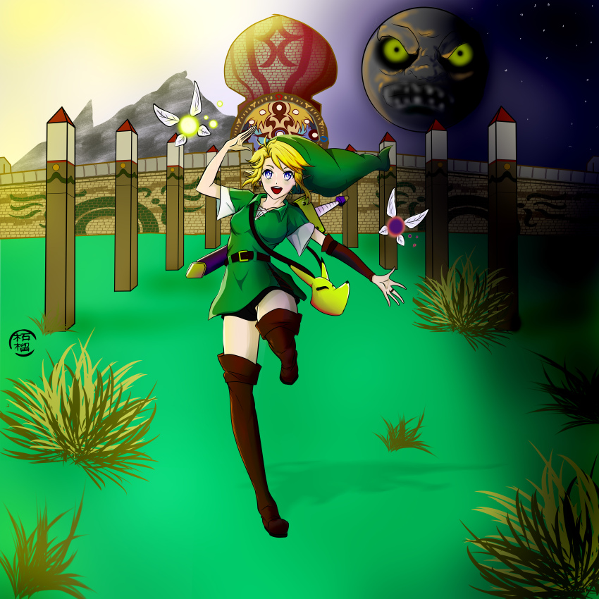 1girl absurdres blonde_hair blue_eyes boots brown_boots cape colorful genderswap genderswap_(mtf) green_cape green_tunic highres link looking_at_viewer master_sword nintendo open_mouth pointy_ears self-upload smile solo sword sword_on_back tael tatl the_legend_of_zelda the_legend_of_zelda:_majora&#039;s_mask tunic weapon weapon_on_back