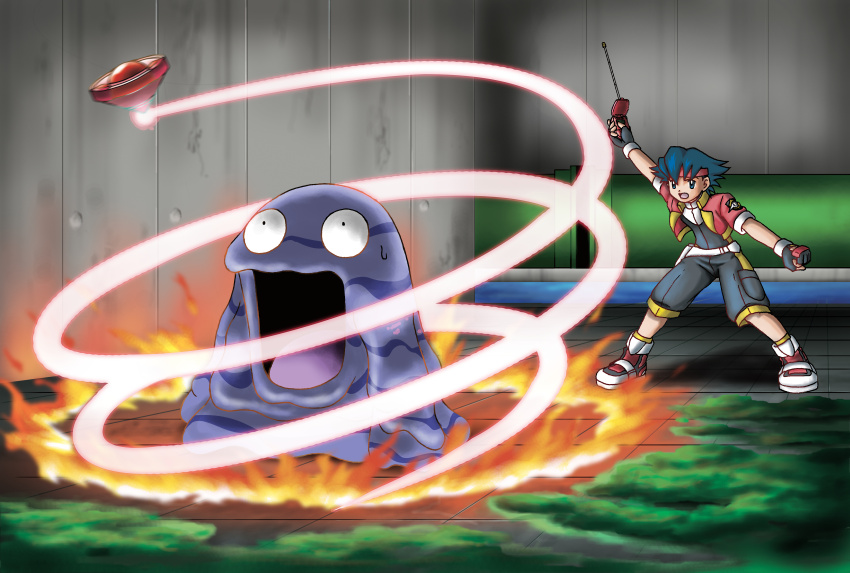 1boy absurdres arm_up artist_request black_gloves black_pants black_shirt blue_eyes blue_hair capture_styler clenched_hand fingerless_gloves full_body gen_1_pokemon gloves grimer headband highres holding indoors jacket jaw_drop lunick_(pokemon) nintendo official_art open_clothes open_jacket open_mouth pants pokemon pokemon_(creature) pokemon_ranger_(series) pokemon_ranger_1 red_headband red_jacket red_shoes shirt shoes short_hair short_sleeves slime_(creature) standing sweatdrop third-party_source