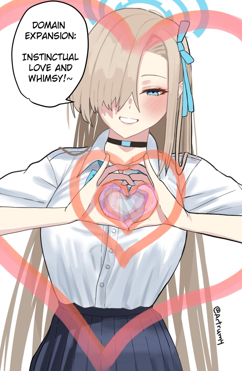 1girl absurdres artrum4 asuna_(blue_archive) asuna_(school_uniform)_(blue_archive) black_choker black_skirt blue_archive blue_bow blue_bowtie blue_eyes blue_halo blue_ribbon bow bowtie breasts brown_hair choker collared_shirt commentary english_commentary english_text grin hair_over_one_eye hair_ribbon halo hands_up heart heart_hands highres large_breasts long_hair looking_at_viewer pleated_skirt ribbon school_uniform shirt simple_background skirt smile solo speech_bubble twitter_username upper_body white_background white_shirt