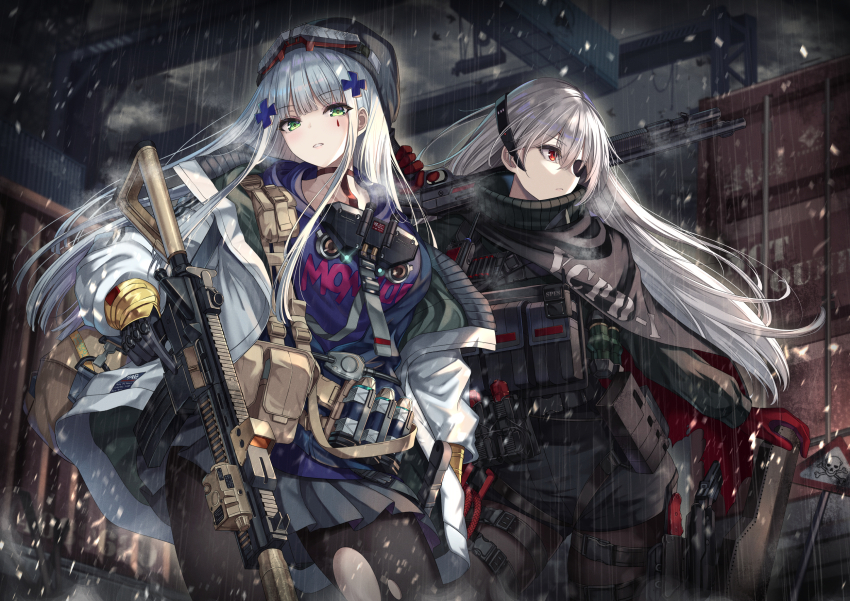 12-gauge 2girls ammunition ammunition_pouch anti-materiel_cartridge assault_rifle benelli_m4_super_90 black_choker black_gloves black_headwear black_pantyhose black_skirt blush cenangam choker clukay_(neural_cloud) evelyn_(neural_cloud) explosive eyepatch girls&#039;_frontline girls&#039;_frontline_neural_cloud gloves green_eyes grenade grenade_cartridge grey_hair gun h&amp;k_hk416 handgun hat highres hk416_(girls&#039;_frontline) holding holding_gun holding_weapon jacket knife long_hair long_sleeves looking_at_viewer m1014 multiple_girls one_eye_covered pantyhose parted_lips pistol pleated_skirt pouch rain red_eyes red_gloves rifle semi-automatic_shotgun shotgun shotgun_shell skirt smile suppressor teardrop_facial_mark torn_clothes torn_pantyhose weapon white_jacket