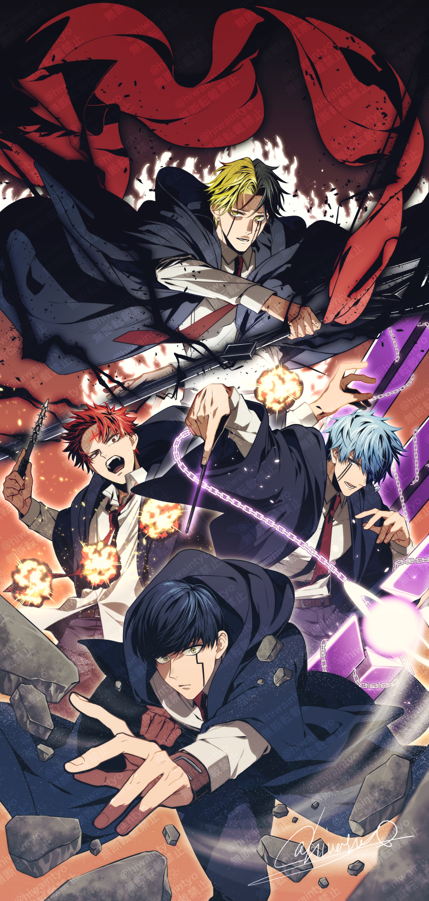 4boys absurdres black_hair black_pants black_robe blonde_hair blue_hair chain collared_shirt daut_barret explosion facial_mark ground_shatter highres incho_(hiwaintyo) lance_crown long_sleeves mash_burnedead mashle multicolored_hair multiple_boys necktie open_mouth pants rayne_ames red_hair red_necktie robe shirt short_hair split-color_hair wand white_shirt