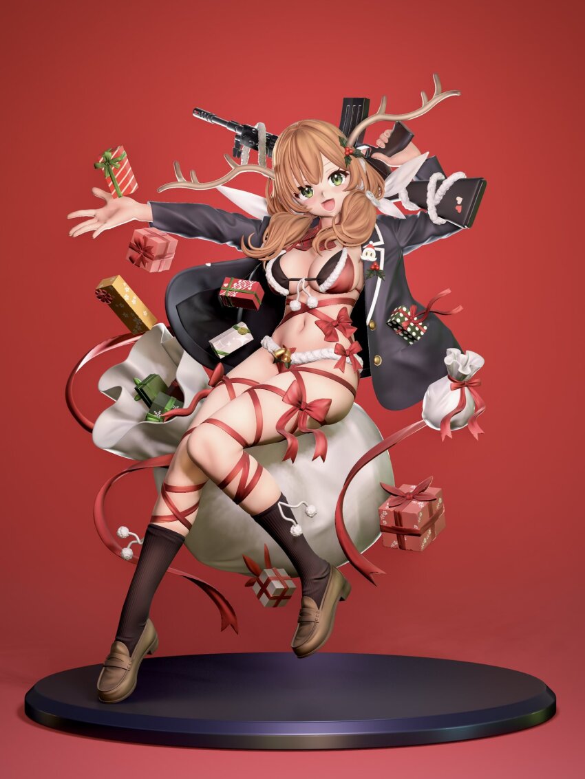 1girl black_shirt black_socks box christmas gift gift_box girls&#039;_frontline green_eyes gun highres horns howa_type_64_(girls&#039;_frontline) navel open_clothes open_shirt rifle shirt socks weapon zbrush_(medium)