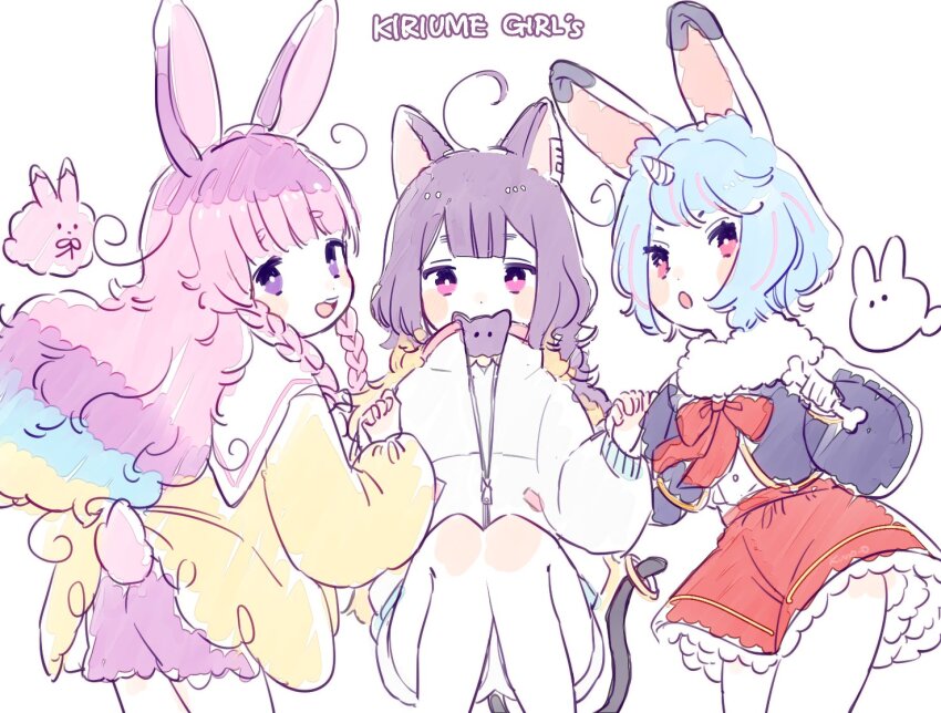 3girls animal_ears blue_hair braid cat_ears cat_tail hands_up holding jacket jikuno long_hair multicolored_hair multiple_girls open_mouth original pink_eyes pink_hair purple_eyes purple_hair purple_shirt rabbit_ears rabbit_tail red_shorts shirt short_hair shorts simple_background sitting sketch tail white_background