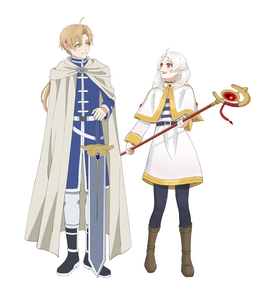 1boy 1girl absurdres ahoge belt black_pantyhose blue_tunic blush boots brown_hair capelet cloak coat cosplay elf frieren frieren_(cosplay) full_body highres himmel_(sousou_no_frieren) himmel_(sousou_no_frieren)_(cosplay) holding holding_staff holding_sword holding_weapon jjum_pp looking_at_another medium_hair mole mole_under_eye multicolored_hair mushoku_tensei open_mouth pantyhose pointy_ears ponytail red_eyes rudeus_greyrat simple_background smile sousou_no_frieren staff sword sylphiette_(mushoku_tensei) tunic two-tone_hair weapon white_background white_capelet white_coat white_hair white_tunic