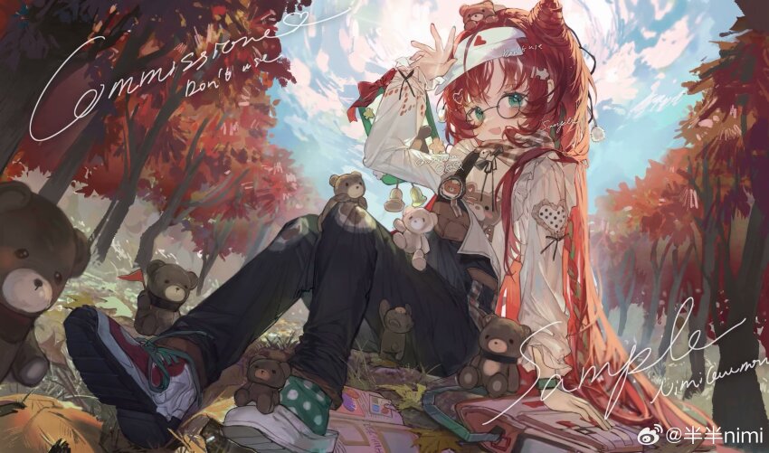 1girl autumn autumn_leaves banbanimi black_pants day double_bun glasses green_eyes hair_bun headband highres leaf long_hair long_sleeves looking_at_viewer open_mouth original outdoors pants red_hair shoes sitting sky smile sneakers solo stuffed_animal stuffed_toy teddy_bear tree very_long_hair white_headband