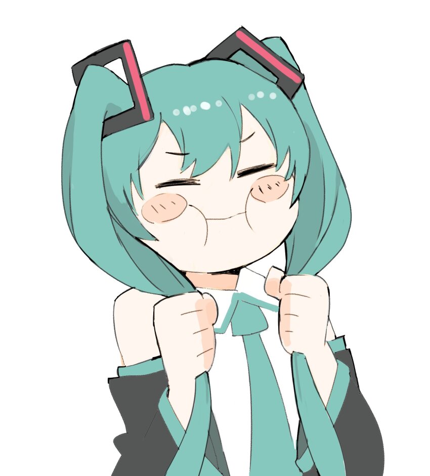 1girl :i black_sleeves blue_hair blue_necktie blue_trim blush_stickers closed_eyes closed_mouth collared_shirt detached_sleeves double-parted_bangs gan2 hatsune_miku highres holding holding_own_hair long_sleeves necktie shirt simple_background solo twintails upper_body vocaloid white_background white_shirt