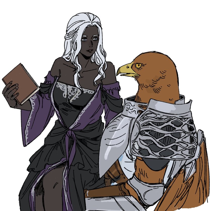 1boy 1girl armor bare_shoulders bird_boy black_dress black_skin book breastplate chocytd colored_skin crossed_legs curtained_hair dress elden_ring elden_ring_nightreign feathered_wings feet_out_of_frame from_side grey_eyes guardian_(elden_ring) highres holding holding_book long_hair looking_at_another purple_sleeves recluse_(elden_ring) sitting upper_body white_background white_hair wide_sleeves wings witch yellow_eyes